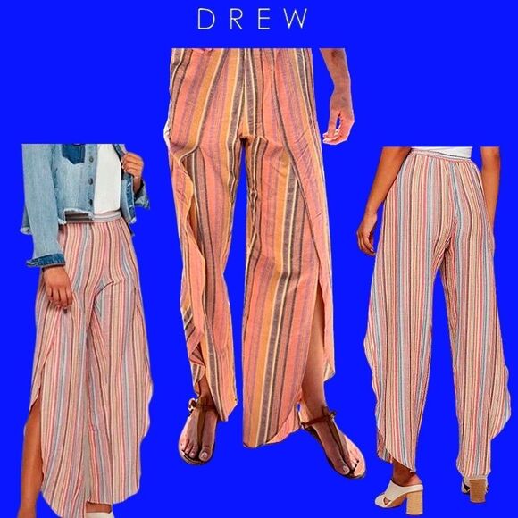 DREW by Anthropologie NEW Striped Split Leg Slim Waistband Wide-Leg Pant L - Picture 3 of 11